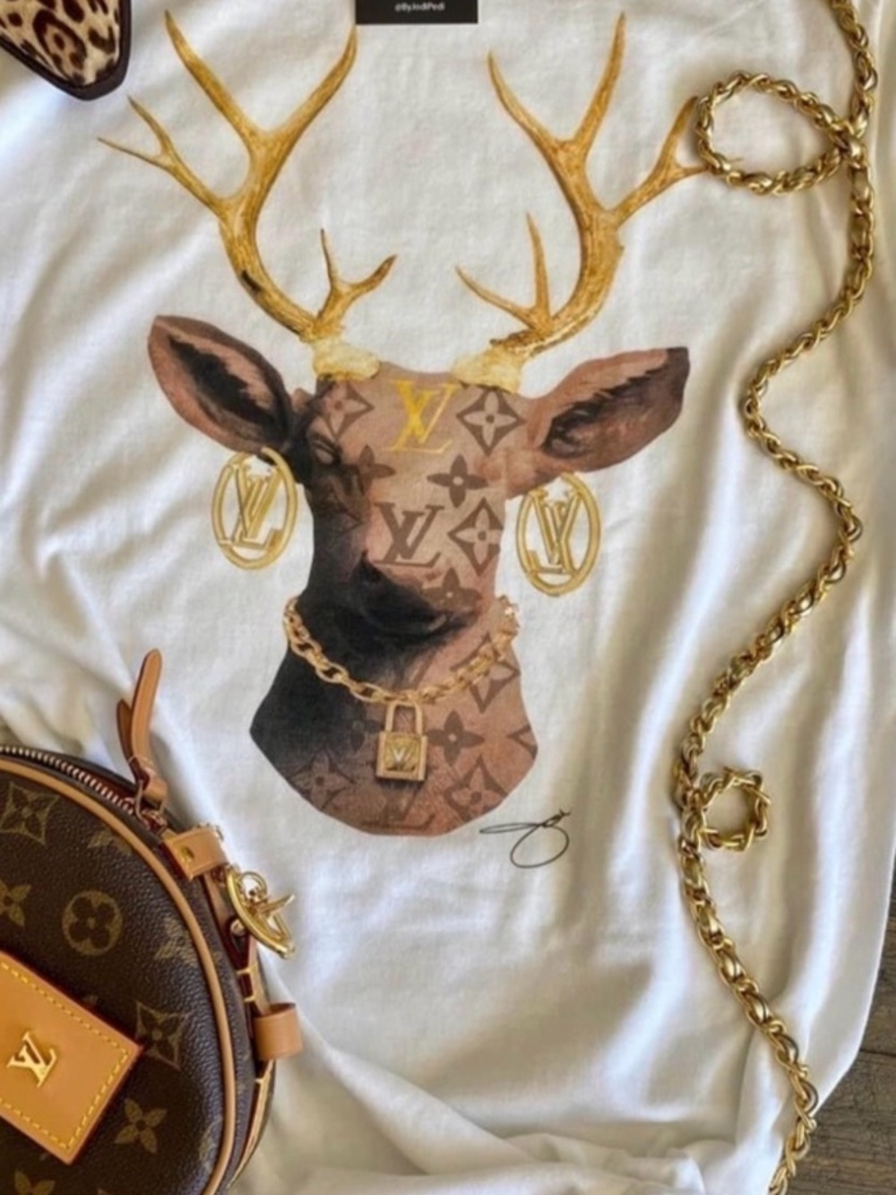 White Graphic Deer Print Skirt with Gold Accents